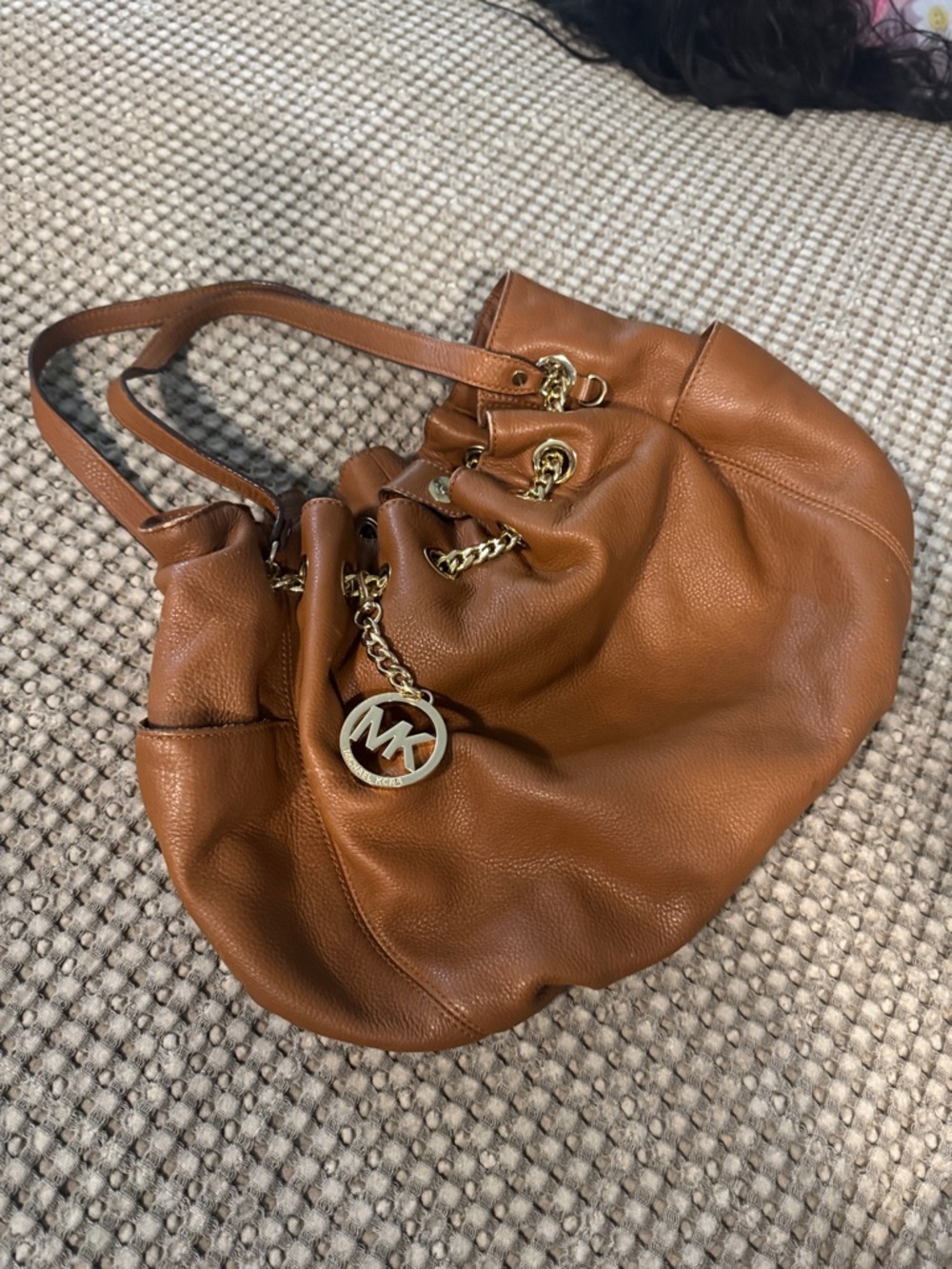 Michael Kors Cognac Pebbled Leather Shoulder Hobo with Gold Charm